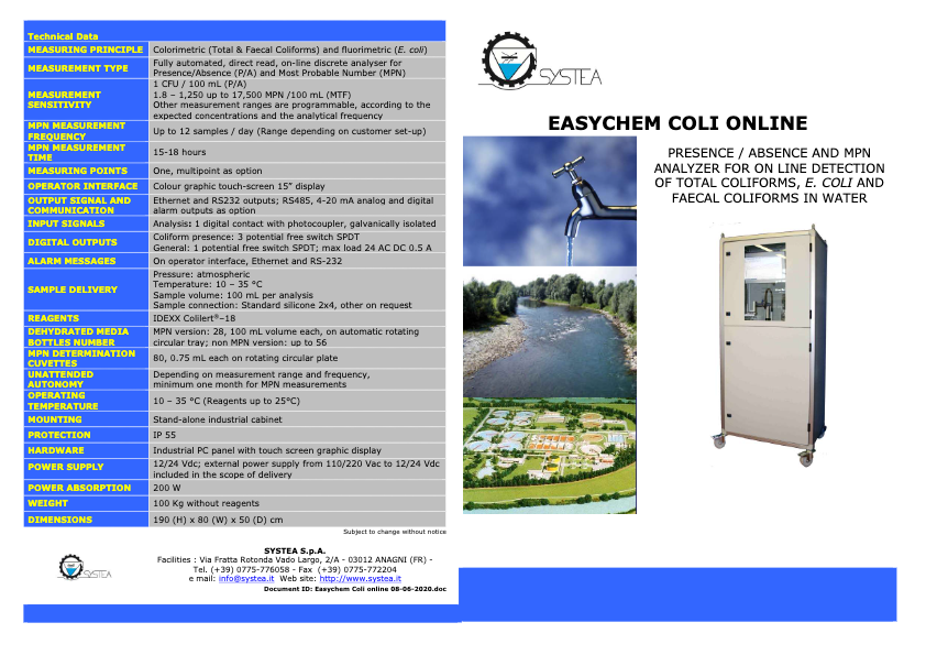 Easychem Coli Online - Coliform & E coli analyser - Systea Datasheet