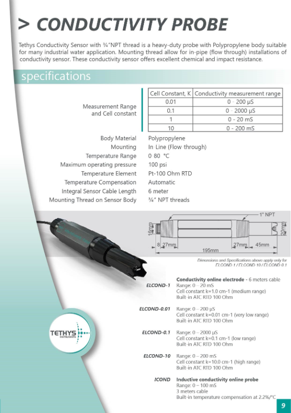 Tethys Conductivity probe Catalog